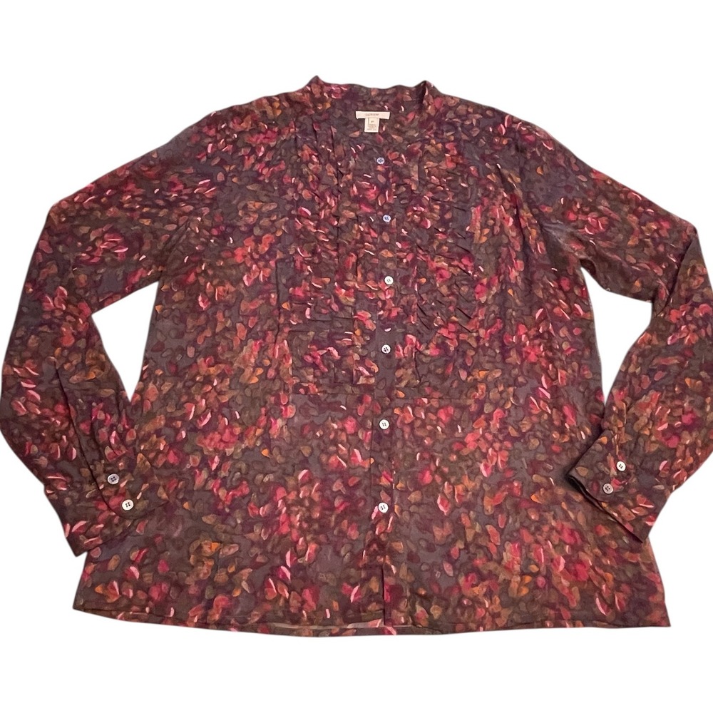 READ Flaw‎ J Crew Women's Silk Chiffon Sheer Top Ruffle Abstract Floral Size 10